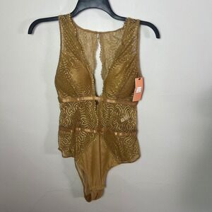 Real Lingerie Edgy Lace Teddy 1X Indian Tan Plunge Open Back Bodysuit NWT